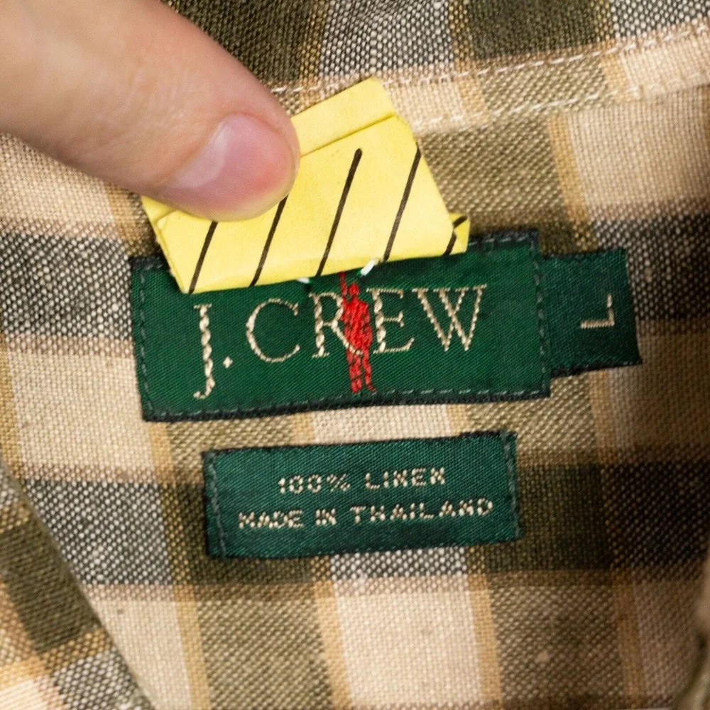 J Crew 100% Linen Mens L Brown Plaid Check LS Button Front‎ Shirt
